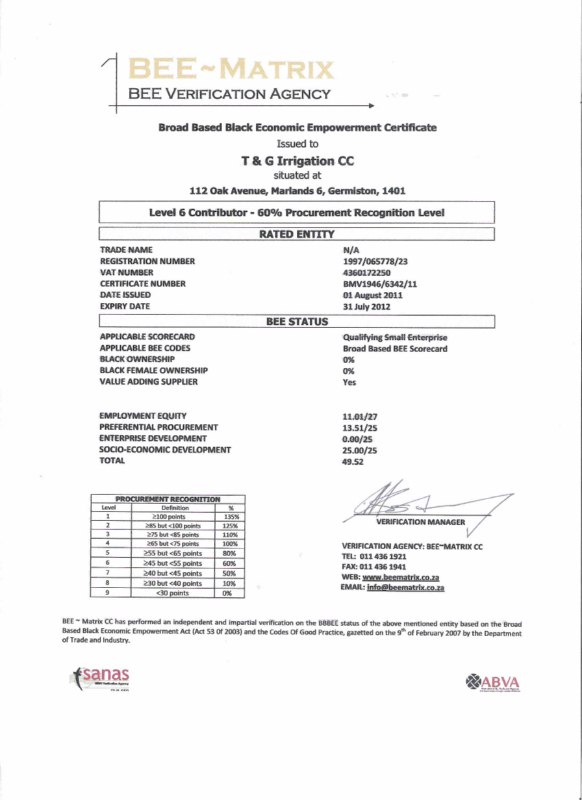 T&G BEE Certificate